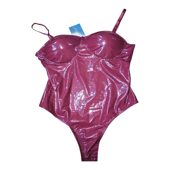 Mauve brown Pleather glossy padded spaghetti strap bustier bodysuit size Large - Picture 8 of 15